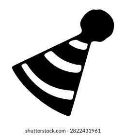 A simple black and white silhouette of a traffic cone, commonly used for road safety and construction warnings.