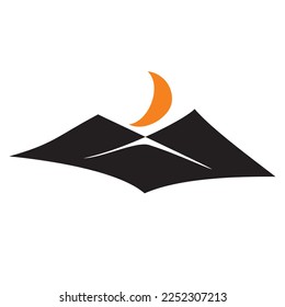 Silueta blanca y negra de dos montañas y luna creciente. Sencillo dibujo de montañas y sol. Montañas lineales de ilustración vectorial. 
Icono premium para el diseño y desarrollo de sitios web.