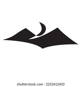 Simple black and white silhouette of two mountains under crescent moon. Simple drawing of mountains. Vector illustration linear mountains and crescent moon. Premium icon for website design.