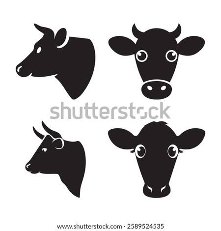 Simple Black and White Silhouettes of Cow and Bull Heads