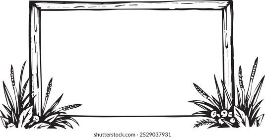 A simple black and white sketch of a blank frame with plants on either side.