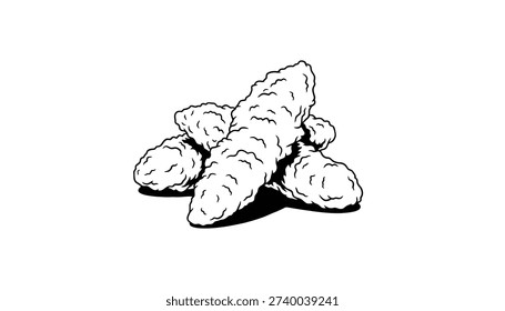 A simple black and white sketch depicting a pile of breaded and fried chicken tenders. This hand drawn illustration uses line art and shading to create a classic food icon.
