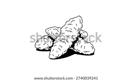 A simple black and white sketch depicting a pile of breaded and fried chicken tenders. This hand drawn illustration uses line art and shading to create a classic food icon.