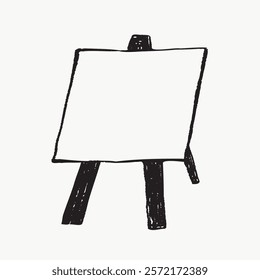 Simple black and white sketch of an easel with a blank canvas. Minimalist art design, perfect for creative projects or art-themed concepts. Simple black line art doodle vector.