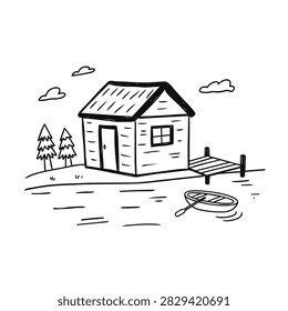 A simple black and white sketch featuring a small cabin by the water with a wooden pier and a rowboat nearby surrounded by pine trees and clouds