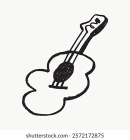 Simple black and white sketch of a guitar. Minimalist guitar drawing with bold lines. Artistic guitar illustration in a playful style. Simple black line art doodle vector.