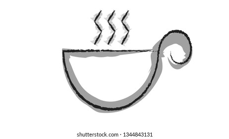 A simple black and white sketch of a hot beverage mug with rising steam. This illustration uses a naive design style with charcoal like lines and a soft gray shadow. It feels like a quick drawing from a sketchbook, making it useful for cafe menus or personal journals.
