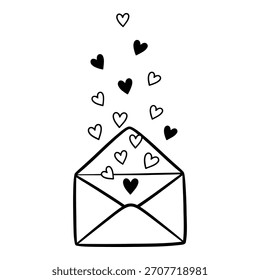 Um simples esboço preto e branco de um envelope aberto com muitos corações flutuando para cima.