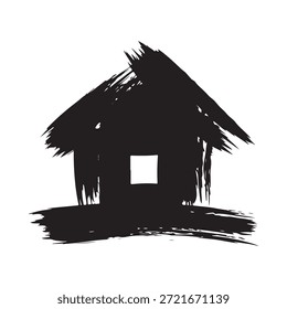 Esboço preto e branco simples de uma casa de telhado de palha rústica