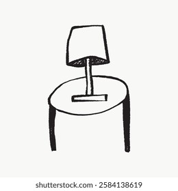 Simple black and white sketch of a table with a lamp. Minimalist table and lamp design. Artistic table and lamp illustration. Table and lamp drawing. Line art illustration vector.