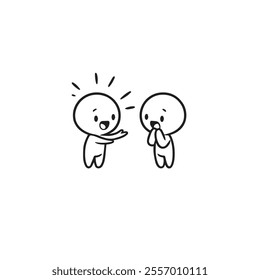 A simple black and white sketch of two cartoon figures, one expressing excitement and the other appearing surprised, capturing a moment of joy and interaction.