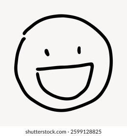 Simple black and white smiley face drawing with a wide smile and round eyes. Minimalist smiley face design. Happy and cheerful smiley face illustration. Doodle vector illustration.