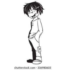 caricatura simple de un niño sonriente en blanco y negro