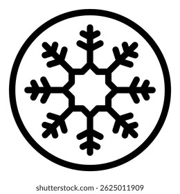 Simple black and white snowflake icon symbolizing winter, cold and ice