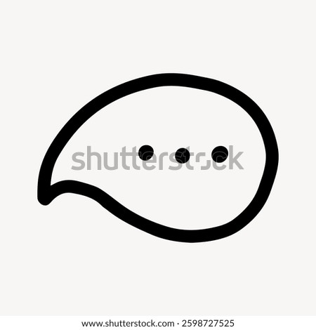 Simple black and white speech bubble icon with three dots, representing communication, conversation, and messaging. Minimalist speech bubble design. Doodle illustration vector.