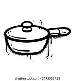 A simple, black and white spray paint illustration of a covered pot, with a round handle and a knob on the lid.