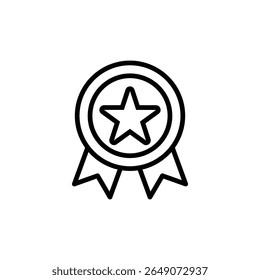 Simple black and white star badge icon with a ribbon shape is displayed in a minimalist line art style, conveying achievement or recognition, ideal for websites and graphic designs.