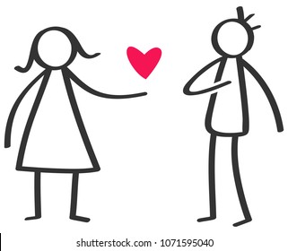 Simple black and white stick figure woman giving love red heart to man isolated on white background, declaration of love
