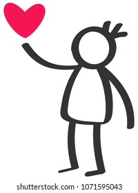 Simple black and white stick figure boy, child giving love red heart isolated on white background