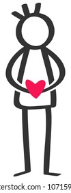 Simple black and white stick figure man holding red heart, single, dating, isolated on white background