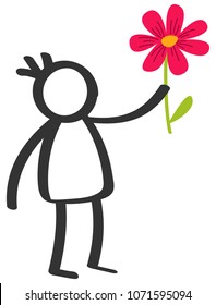 Simple black and white stick figure boy giving flower, love, Mother's Day, isolated on white background