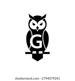 Simple black and white stylized owl perched on a branch with a bold letter G