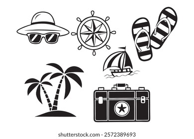 Simple black and white summer vacation icons set.