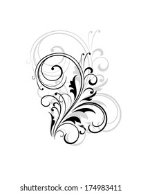 Simple black and white swirling floral element with a repeat enlarged pattern behind for an elegant retro design, vector illustration