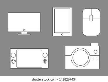Simple black and white technology icon set consisting of TV, Portable game, camera, mouse and smartphone.