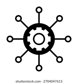 A simple black and white technology icon illustrating a central gear connected to multiple nodes, representing network connectivity, automation, system integration, and digital communication.