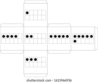 simple black and white template of cube suitable to make paper dice. ten frame pattern was used to represent numbers one to six.