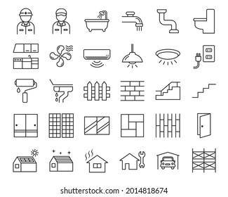 Simple black and white thin line icon set related to home refurbishment