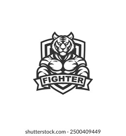 Simple black and white tiger fighter logo design vector isolated on white background