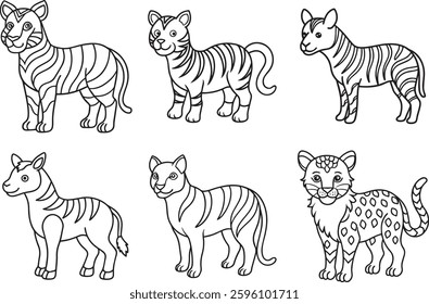 Simple Black and White Tiger Vector Set – Wild Tiger Illustrations, Roaring Tiger Clipart, Big Cat Silhouettes, Jungle Wildlife Line Art for Design