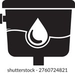 Simple black and white toilet cistern illustration. Water level shown with a drop symbol. Clean design for plumbing or hygiene concepts.