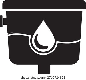 Simple black and white toilet cistern illustration. Water level shown with a drop symbol. Clean design for plumbing or hygiene concepts.