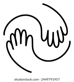 Simple black and white two hands interlocked drawing logo hug icon symbolizing unity and support. Vector illustration for web design