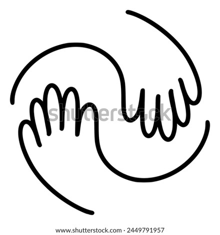 Simple black and white two hands interlocked drawing logo hug icon symbolizing unity and support. Vector illustration for web design