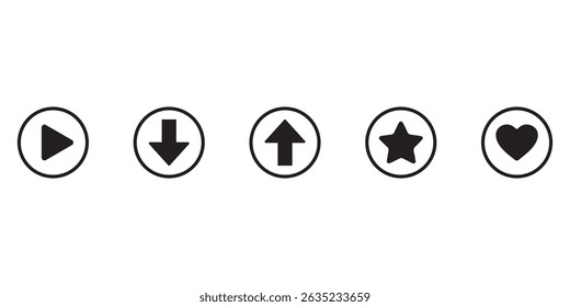 Simple black and white UI icons representing play, download, upload, star rating and heart.
