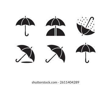 Simple black and white umbrella icons set for weather or protection concept.