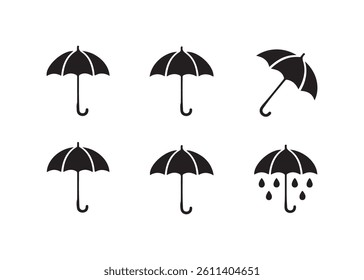 Simple black and white umbrella icons set for weather or protection concept.