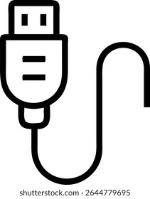 Ícone simples de cabo USB preto e branco isolado no fundo branco.