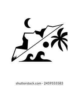 
Arte vectorial simple en blanco y negro de montañas y olas, sol sobre él, apto para logos, tatuajes, serigrafía, etiquetas, Anuncios.