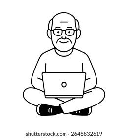 Simple black and white vector art of an older man working on a computer device