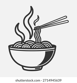 Simple black and white vector art showing a steaming bowl of ramen or Asian noodles, with chopsticks holding a portion above the bowl.