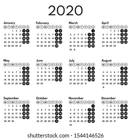 simple black and white vector calendar 2020, starts monday, two weekend, dark background