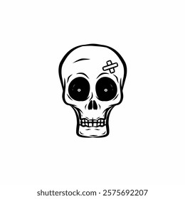 Simple black and white vector of a cute skull illustration with big eyes and a bandage, perfect for Halloween themes, stickers, or tattoo designs