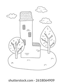 Simple black and white vector of a cute tall house with trees. Hand-drawn outline style, perfect for coloring books, kids designs, postcards, and DIY projects.