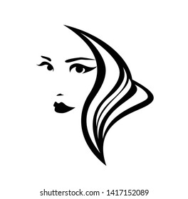 simple black and white vector design of beauty salon logo - elegant woman face and hair tress
