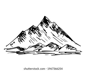 Simple black and white vector drawing in engraving style. Sharp rocky mountains, summit. Landscape and nature. Sports and recreation, tourism and extreme travel. For label prints.
